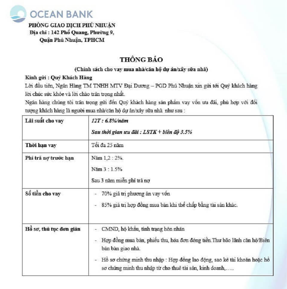 lãi suất cho vay mua The Sun Avenue từ Ngân hàng Oceanbank